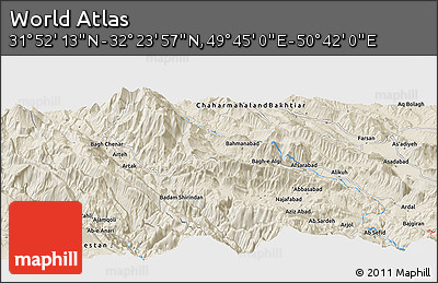 Shaded Relief Panoramic Map of the Area around 32° 8' 5" N, 50° 13' 30" E