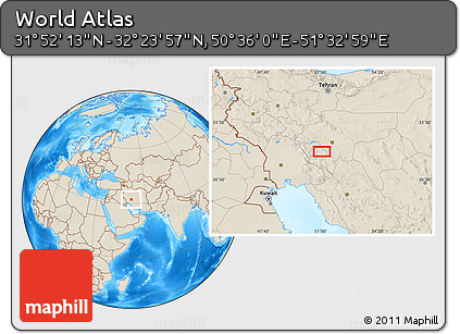 Shaded Relief Location Map of the Area around 32° 8' 5" N, 51° 4' 30" E
