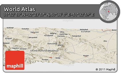 Shaded Relief Panoramic Map of the Area around 32° 8' 5" N, 51° 4' 30" E