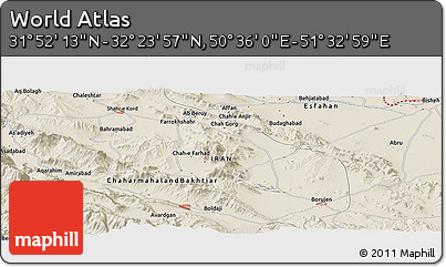 Shaded Relief Panoramic Map of the Area around 32° 8' 5" N, 51° 4' 30" E