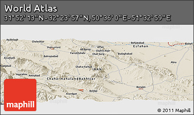 Shaded Relief Panoramic Map of the Area around 32° 8' 5" N, 51° 4' 30" E