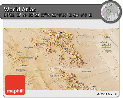 Satellite 3D Map of the Area around 32° 8' 5" N, 53° 37' 30" E