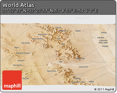 Satellite 3D Map of the Area around 32° 8' 5" N, 53° 37' 30" E
