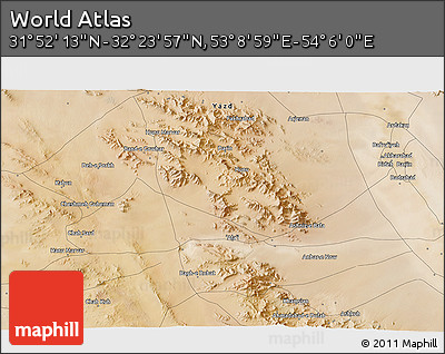 Satellite 3D Map of the Area around 32° 8' 5" N, 53° 37' 30" E