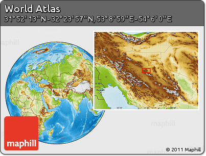 Physical Location Map of the Area around 32° 8' 5" N, 53° 37' 30" E