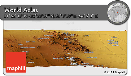 Physical Panoramic Map of the Area around 32° 8' 5" N, 53° 37' 30" E