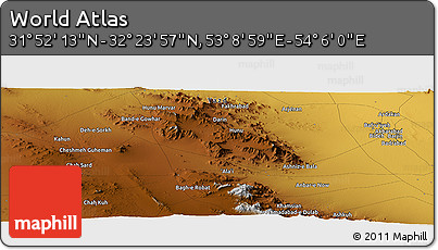 Physical Panoramic Map of the Area around 32° 8' 5" N, 53° 37' 30" E