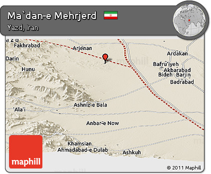 Shaded Relief Panoramic Map of Ma`dan-e Mehrjerd