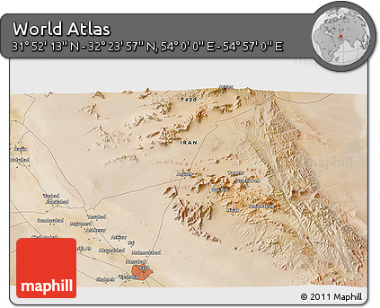 Satellite 3D Map of the Area around 32° 8' 5" N, 54° 28' 30" E