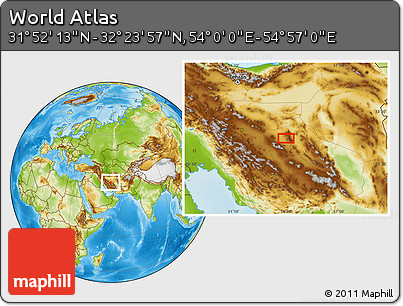 Physical Location Map of the Area around 32° 8' 5" N, 54° 28' 30" E