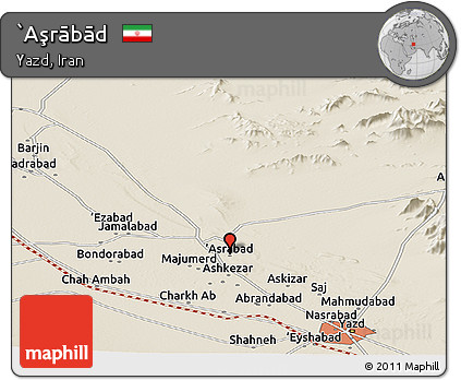 Shaded Relief Panoramic Map of `Aşrābād