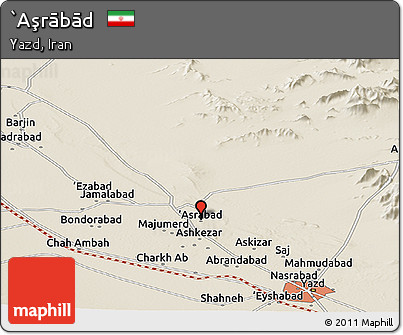 Shaded Relief Panoramic Map of `Aşrābād