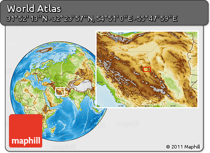Physical Location Map of the Area around 32° 8' 5" N, 55° 19' 30" E