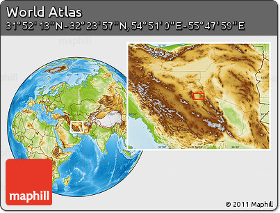 Physical Location Map of the Area around 32° 8' 5" N, 55° 19' 30" E