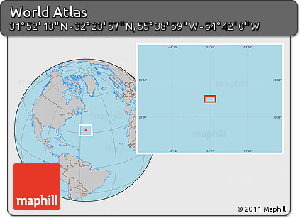 Gray Location Map of the Area around 32° 8' 5" N, 55° 10' 29" W