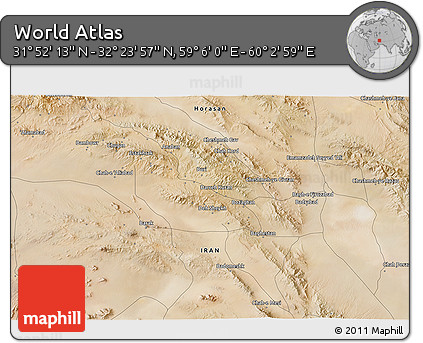 Satellite 3D Map of the Area around 32° 8' 5" N, 59° 34' 30" E