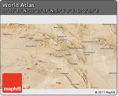 Satellite 3D Map of the Area around 32° 8' 5" N, 59° 34' 30" E