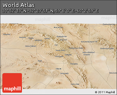Satellite 3D Map of the Area around 32° 8' 5" N, 59° 34' 30" E