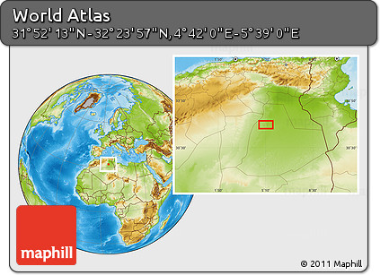 Physical Location Map of the Area around 32° 8' 5" N, 5° 10' 30" E