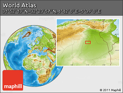 Physical Location Map of the Area around 32° 8' 5" N, 5° 10' 30" E