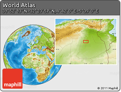 Physical Location Map of the Area around 32° 8' 5" N, 5° 10' 30" E