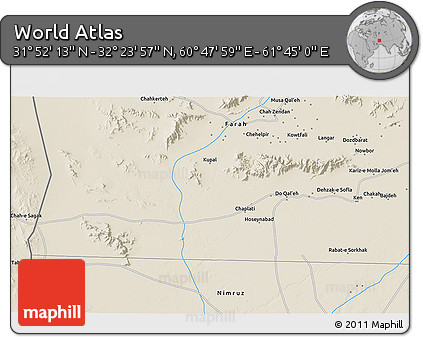 Shaded Relief 3D Map of the Area around 32° 8' 5" N, 61° 16' 29" E