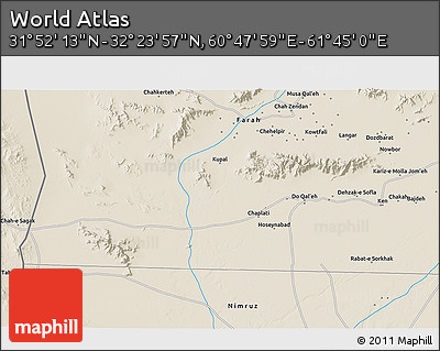 Shaded Relief 3D Map of the Area around 32° 8' 5" N, 61° 16' 29" E