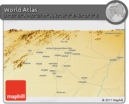 Physical 3D Map of the Area around 32° 8' 5" N, 62° 58' 30" E