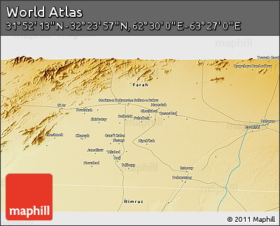 Physical 3D Map of the Area around 32° 8' 5" N, 62° 58' 30" E