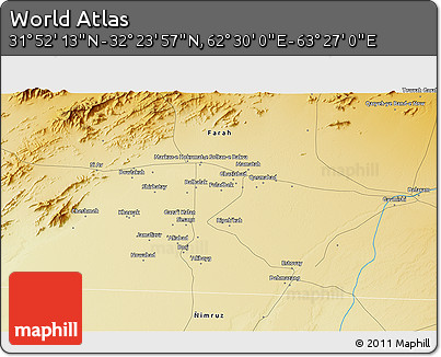 Physical 3D Map of the Area around 32° 8' 5" N, 62° 58' 30" E