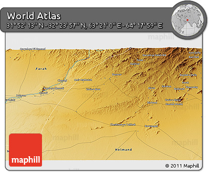 Physical 3D Map of the Area around 32° 8' 5" N, 63° 49' 30" E