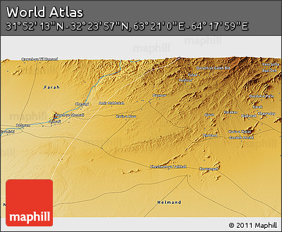Physical 3D Map of the Area around 32° 8' 5" N, 63° 49' 30" E