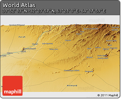 Physical 3D Map of the Area around 32° 8' 5" N, 63° 49' 30" E