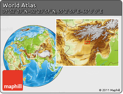 Physical Location Map of the Area around 32° 8' 5" N, 65° 31' 30" E