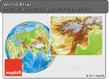Physical Location Map of the Area around 32° 8' 5" N, 67° 13' 29" E