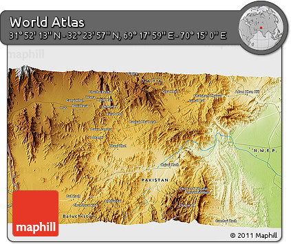 Physical 3D Map of the Area around 32° 8' 5" N, 69° 46' 30" E