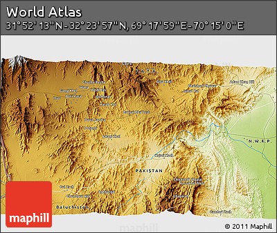 Physical 3D Map of the Area around 32° 8' 5" N, 69° 46' 30" E