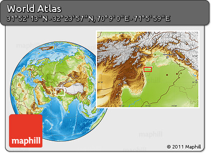 Physical Location Map of the Area around 32° 8' 5" N, 70° 37' 30" E