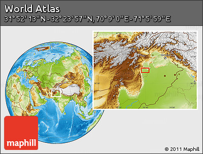 Physical Location Map of the Area around 32° 8' 5" N, 70° 37' 30" E