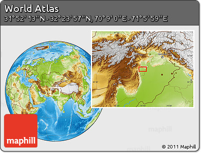 Physical Location Map of the Area around 32° 8' 5" N, 70° 37' 30" E