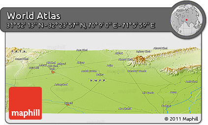 Physical Panoramic Map of the Area around 32° 8' 5" N, 70° 37' 30" E