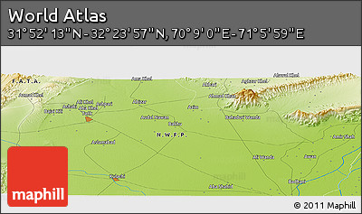 Physical Panoramic Map of the Area around 32° 8' 5" N, 70° 37' 30" E