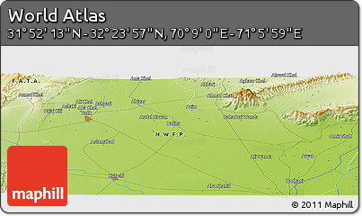 Physical Panoramic Map of the Area around 32° 8' 5" N, 70° 37' 30" E
