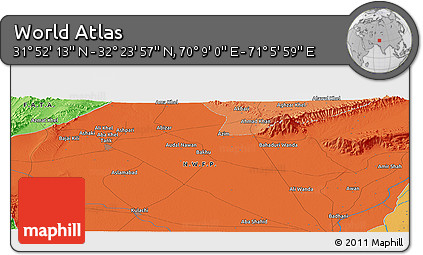 Political Panoramic Map of the Area around 32° 8' 5" N, 70° 37' 30" E