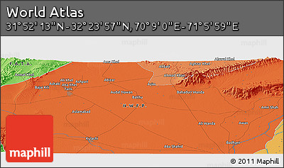 Political Panoramic Map of the Area around 32° 8' 5" N, 70° 37' 30" E
