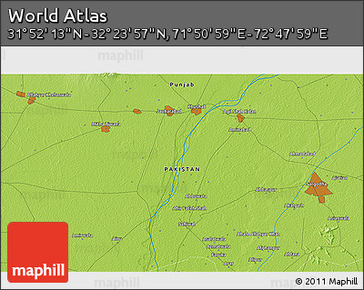 Physical 3D Map of the Area around 32° 8' 5" N, 72° 19' 29" E