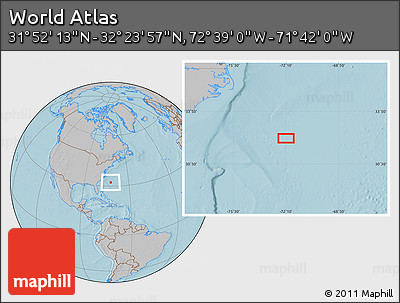 Gray Location Map of the Area around 32° 8' 5" N, 72° 10' 30" W, hill shading