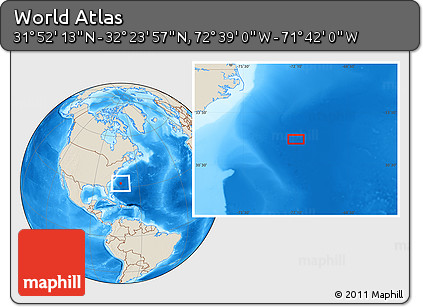 Shaded Relief Location Map of the Area around 32° 8' 5" N, 72° 10' 30" W