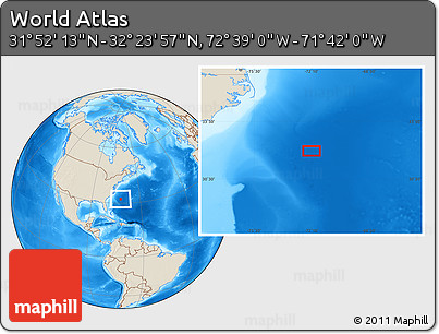 Shaded Relief Location Map of the Area around 32° 8' 5" N, 72° 10' 30" W