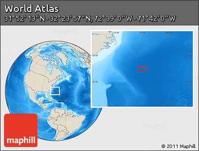 Shaded Relief Location Map of the Area around 32° 8' 5" N, 72° 10' 30" W